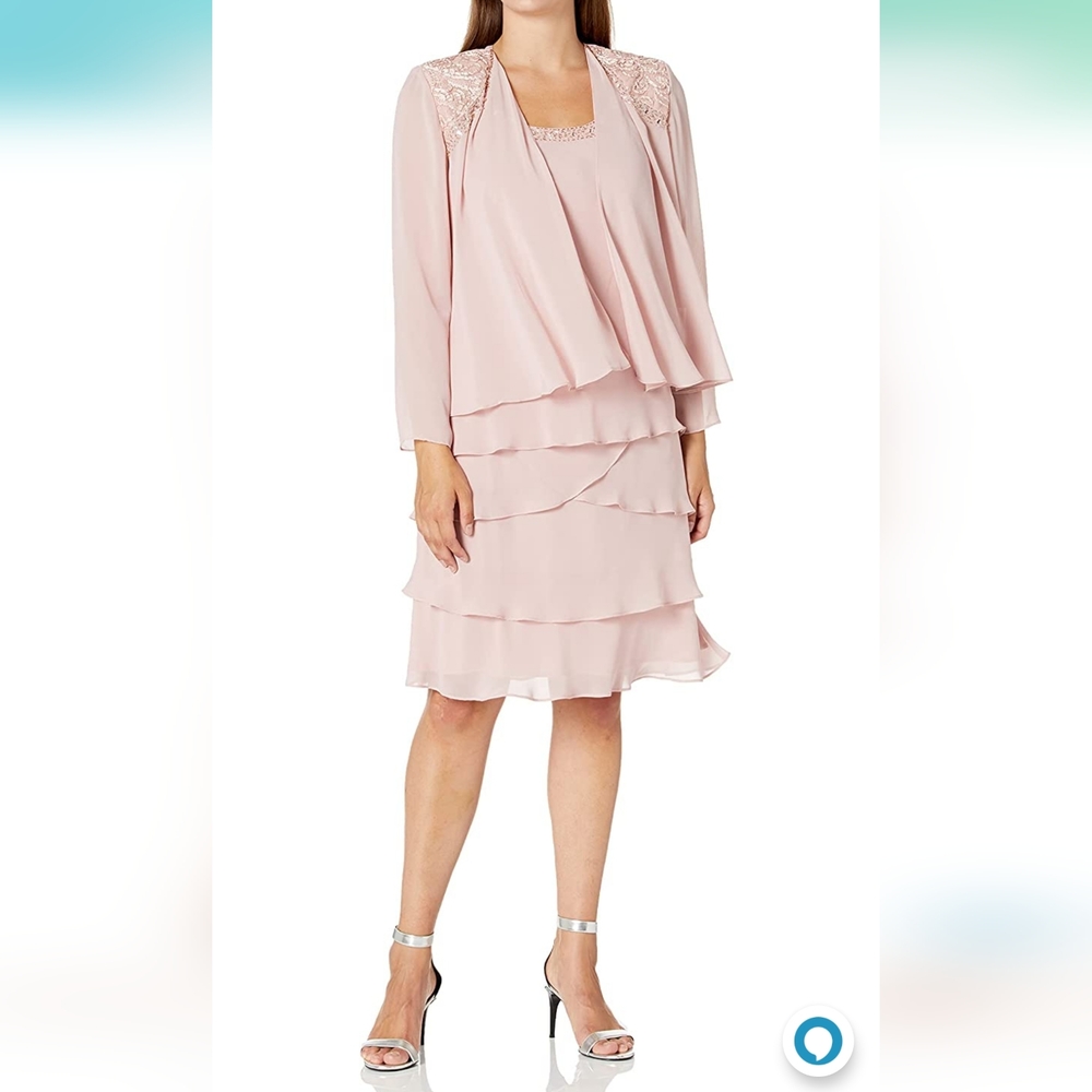S.L. Fashions Women's Embellished Tiered Jacket Dress- size 14- Mauve-Mother of
